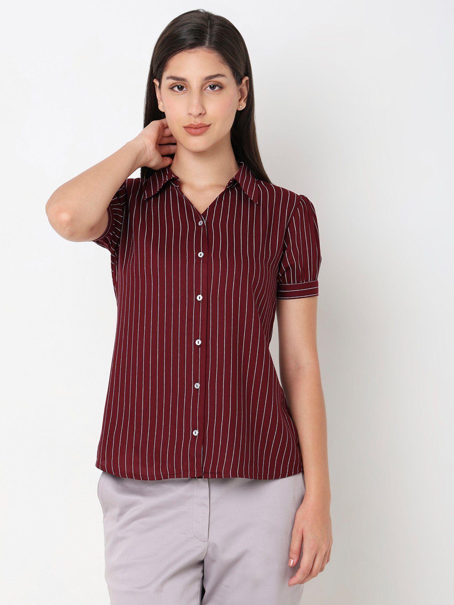 striper maroon puff sleeve shirt