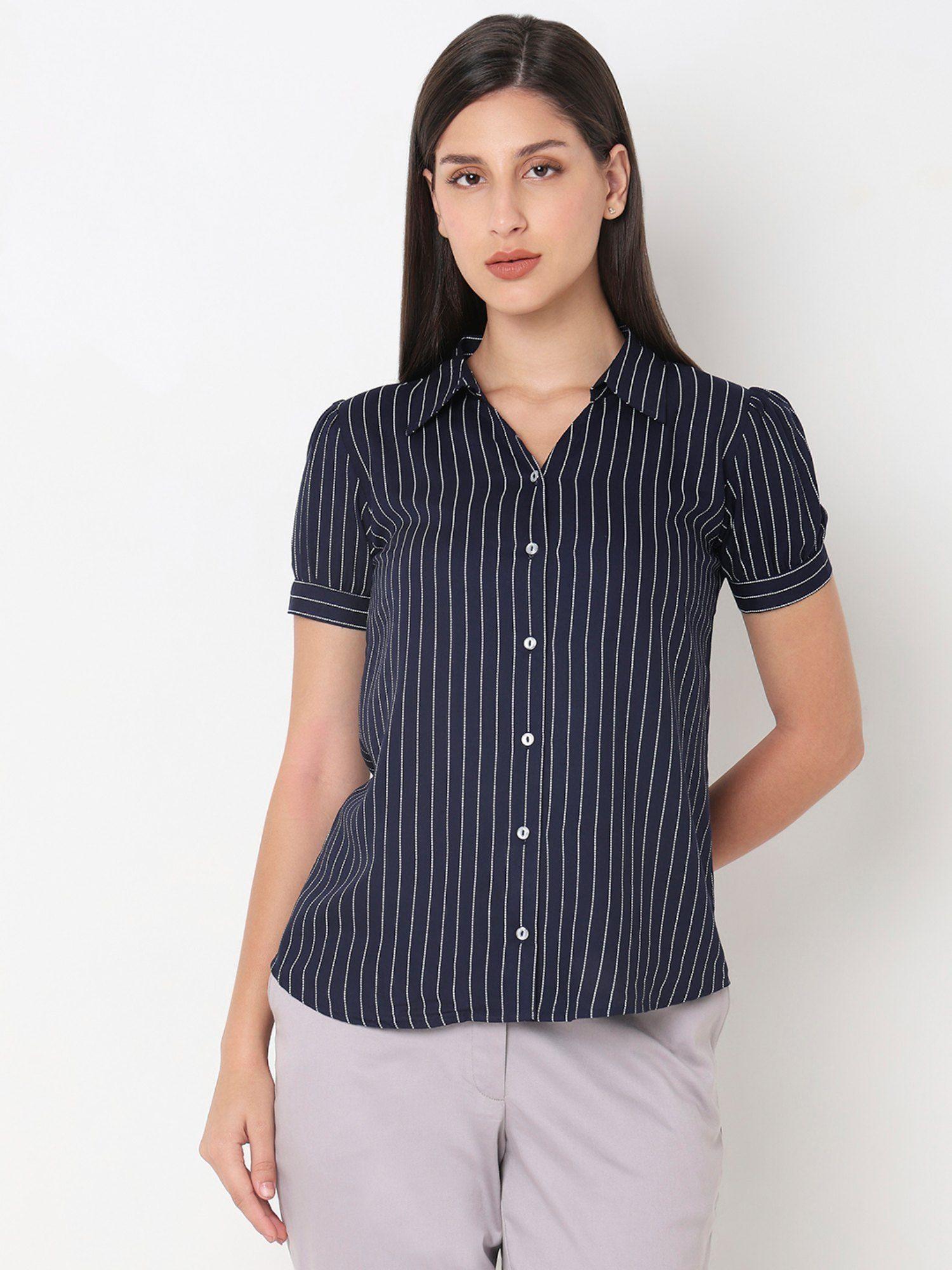 striper navy blue puff sleeve shirt