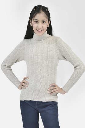 stripes blended fabric regular fit girls sweater - grey
