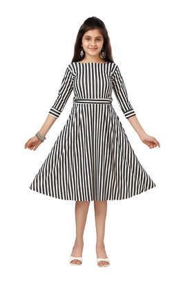 stripes blended fabric round neck girls party wear dress - multi