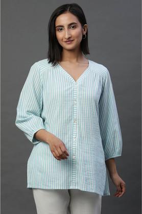 stripes blended fabric v-neck women's casual wear kurti - blue