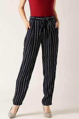 stripes comfort fit crepe women's casual wear trouser - blue