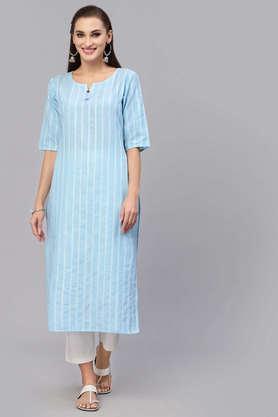 stripes cotton blend round neck women's kurta - light blue