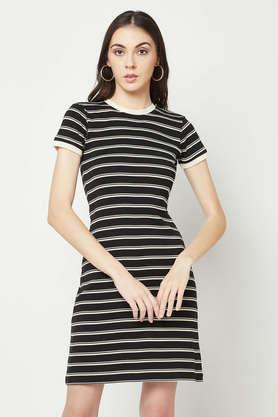 stripes cotton blend round neck women's mini dress - black
