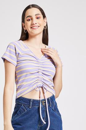 stripes cotton blend round neck women's top - lilac