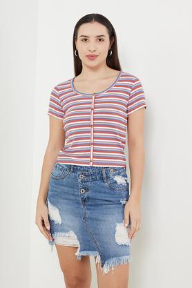 stripes cotton blend round neck women's top - orange
