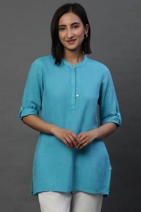 stripes cotton collared women's casual wear kurti - blue