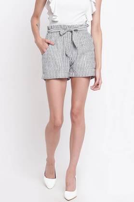 stripes cotton regular fit women's shorts - grey