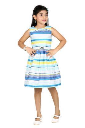 stripes cotton round neck girls casual frock - blue