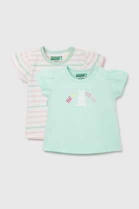 stripes cotton round neck infant girls t-shirt - mint