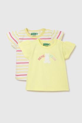 stripes cotton round neck infant girls t-shirt - yellow