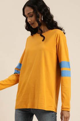 stripes cotton round neck women's oversized t-shirt - yellow