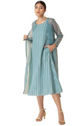 stripes cotton round neck womens midi dress - indigo