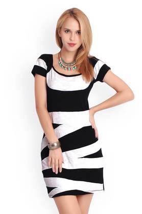 stripes cotton square neck women's knee length dress - black