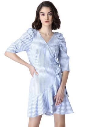stripes cotton v neck women's mini dress - blue