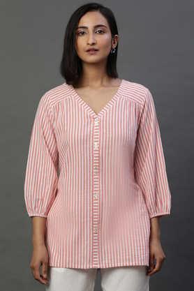 stripes cotton v-neck women's casual wear kurti - peach
