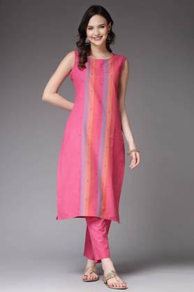 stripes full length cotton women's kurta set - pink