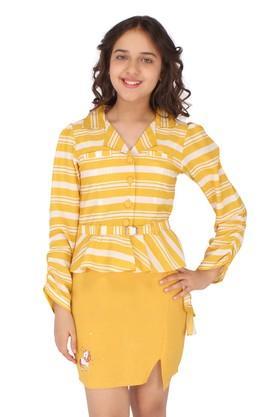 stripes georgette collar neck girls casual dress - yellow
