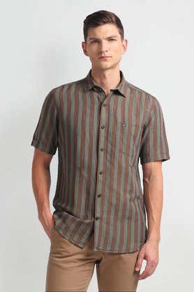 stripes linen regular fit men's casual shirt - brown
