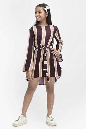 stripes lyocell round neck girls casual wear dress - brown