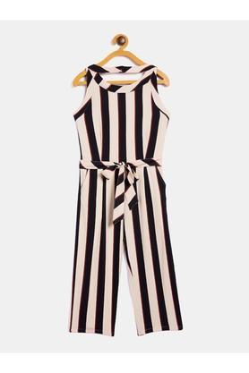 stripes lyocell round neck girls casual wear jumpsuit - black