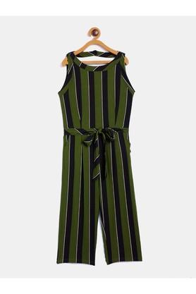 stripes lyocell round neck girls casual wear jumpsuit - olive