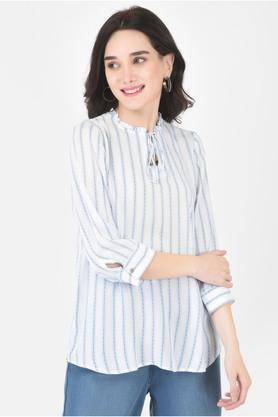 stripes lyocell tie up neck womens top - white