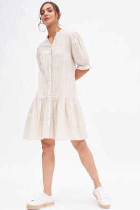 stripes mandarin cotton women's mini dress - natural