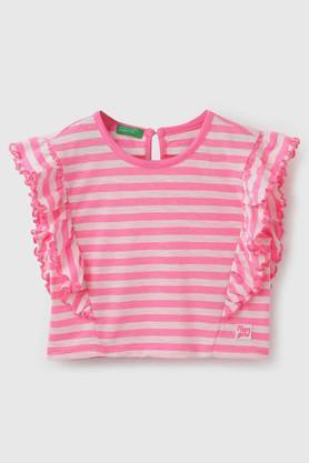 stripes polyester round neck girls t-shirt - pink