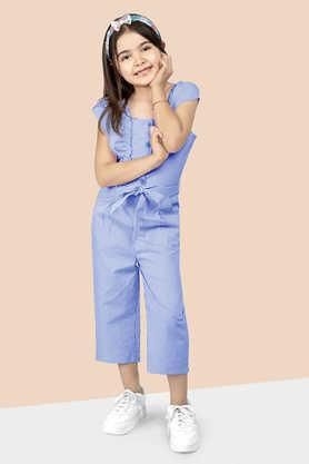 stripes polyester square neck girls casual wear jumpsuit - blue