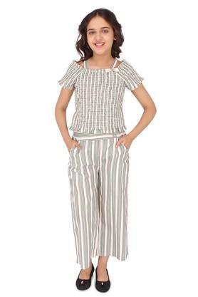 stripes polyester square neck girls casual wear set - green