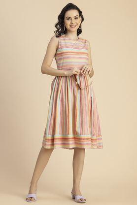 stripes round neck cotton women's knee length dress - pink