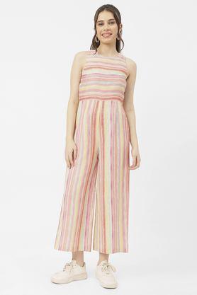 stripes sleeveless linen women's full length jumpsuit - peach
