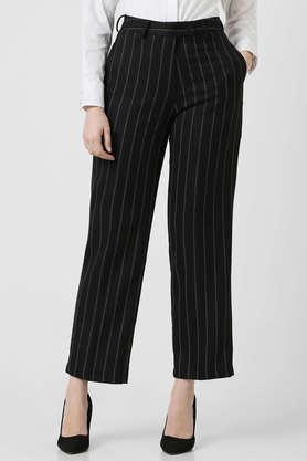 stripes straight fit polyester women's formal wear trousers - black