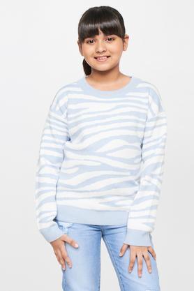 stripes viscose round neck girls cardigan - light blue