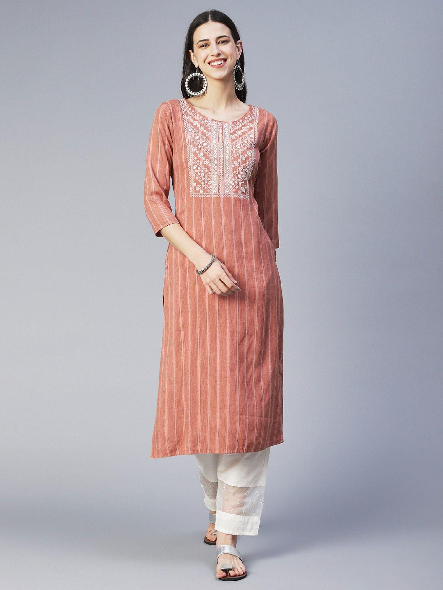 stripes woven and embroidered straight fit kurta - copper
