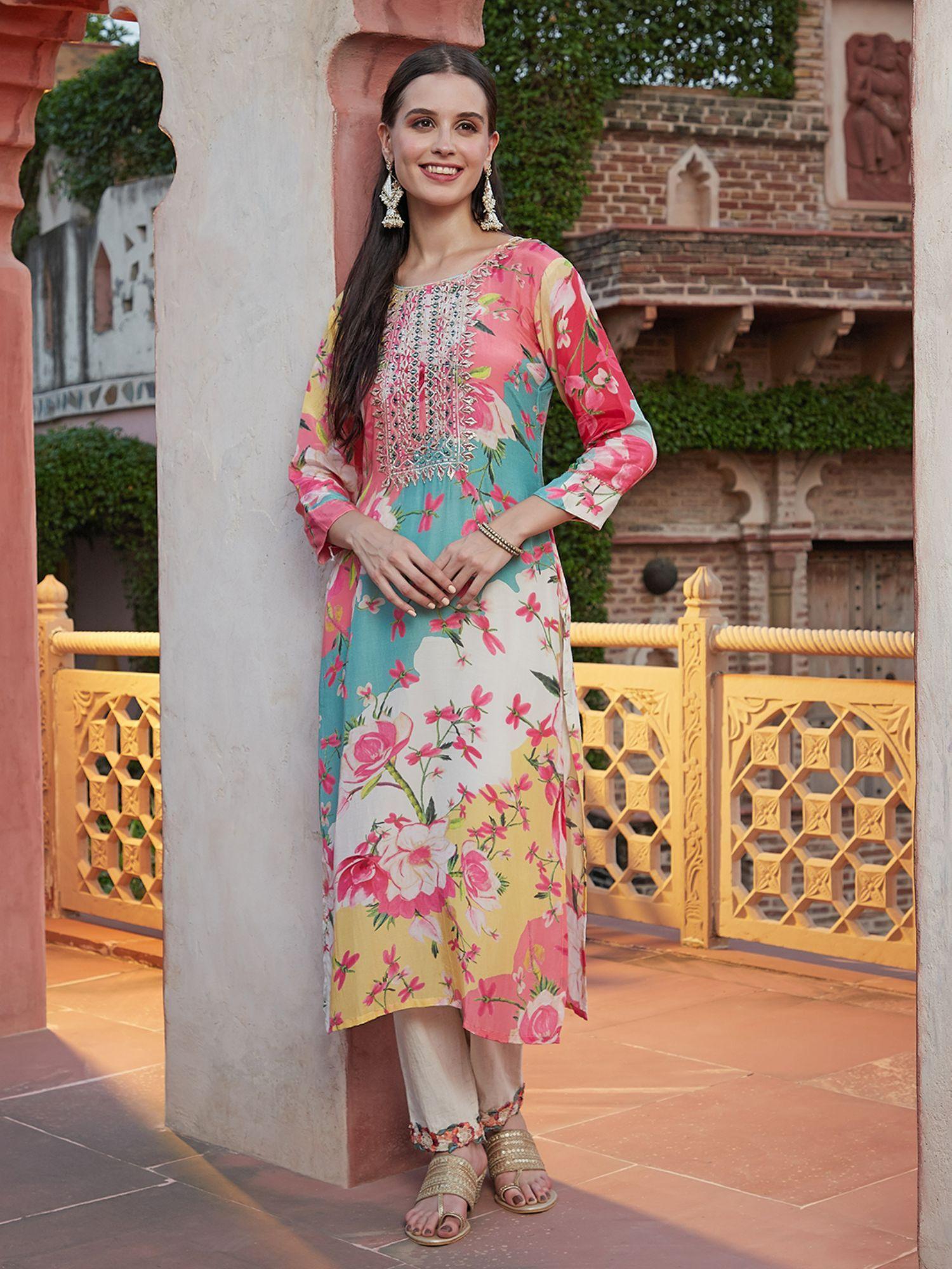 stripes & floral printed & embroidered straight fit kurta - multi