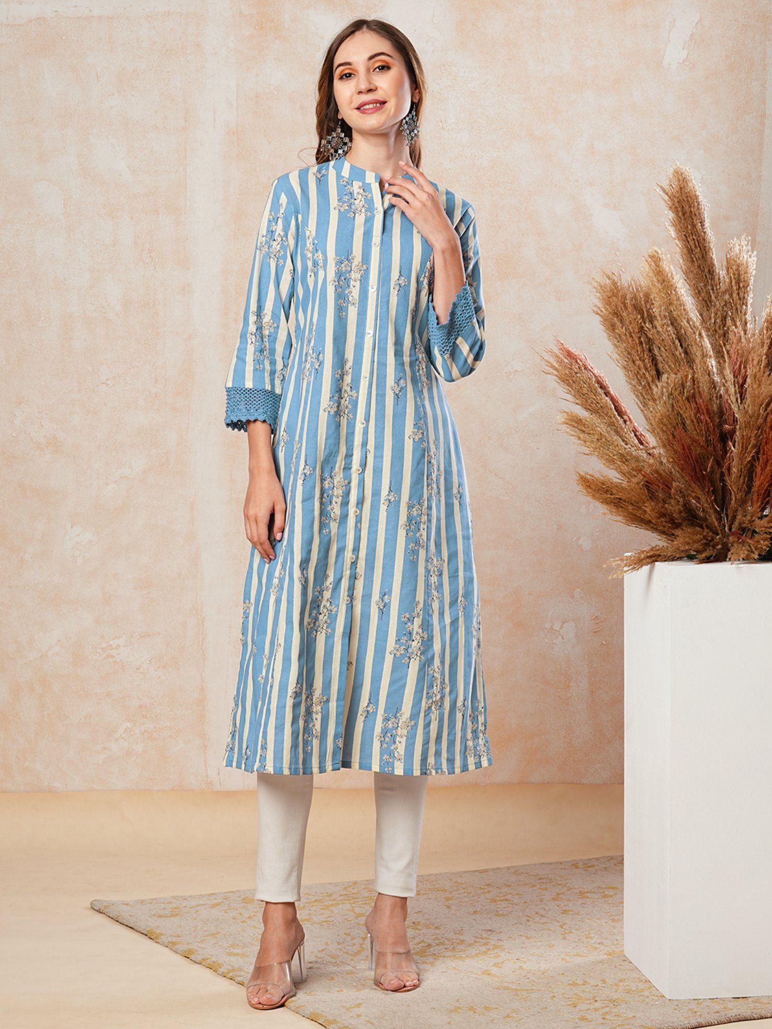 stripes & printed crochet lace embellished kurta - blue