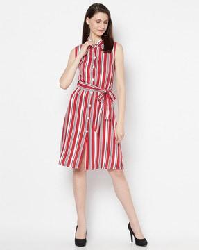 stripes a-line dress with collar neck