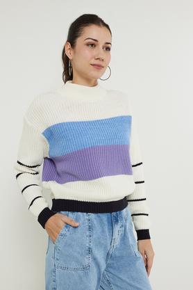 stripes acrylic regular fit women's pullover - off white