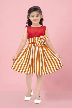 stripes blended fabric round neck girls party wear dress - multi