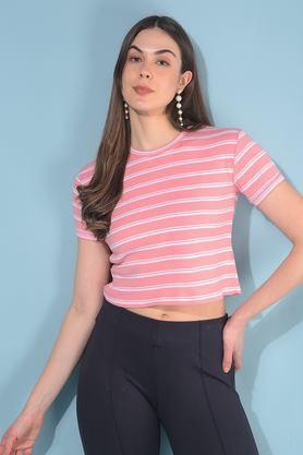 stripes blended fabric round neck women's t-shirt - peach