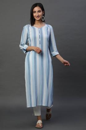stripes blended fabric v-neck women's casual wear kurta - blue