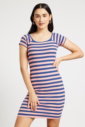 stripes blended square neck women's knee length dress - pink