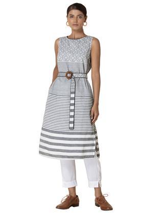 stripes boat neck cotton women's regular kurta - grey