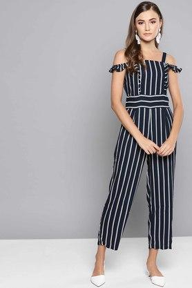 stripes cold shoulder polyester womens calf length jumpsuits - navy