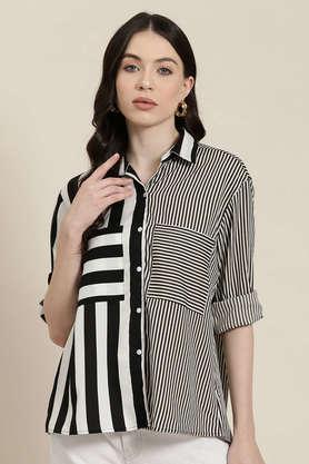 stripes collar neck crepe women's casual wear shirt - black