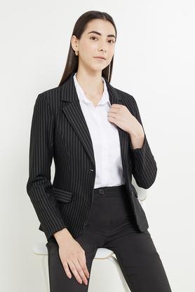 stripes collar neck polyester blend women's formal wear blazer - black & white
