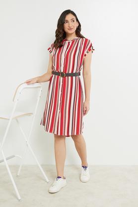 stripes collar neck polyester women's knee length dress - red