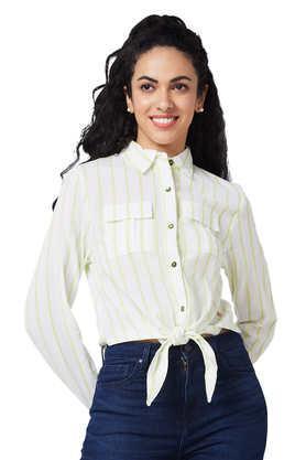 stripes collared blended fabric women's casual wear shirt - yellow